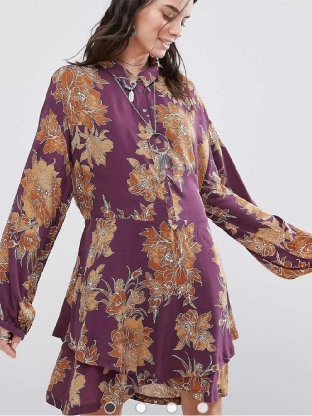 Free People Shake It Berry Floral Mini Dress Sz L Long Sleeve Boho Tunic Tiered